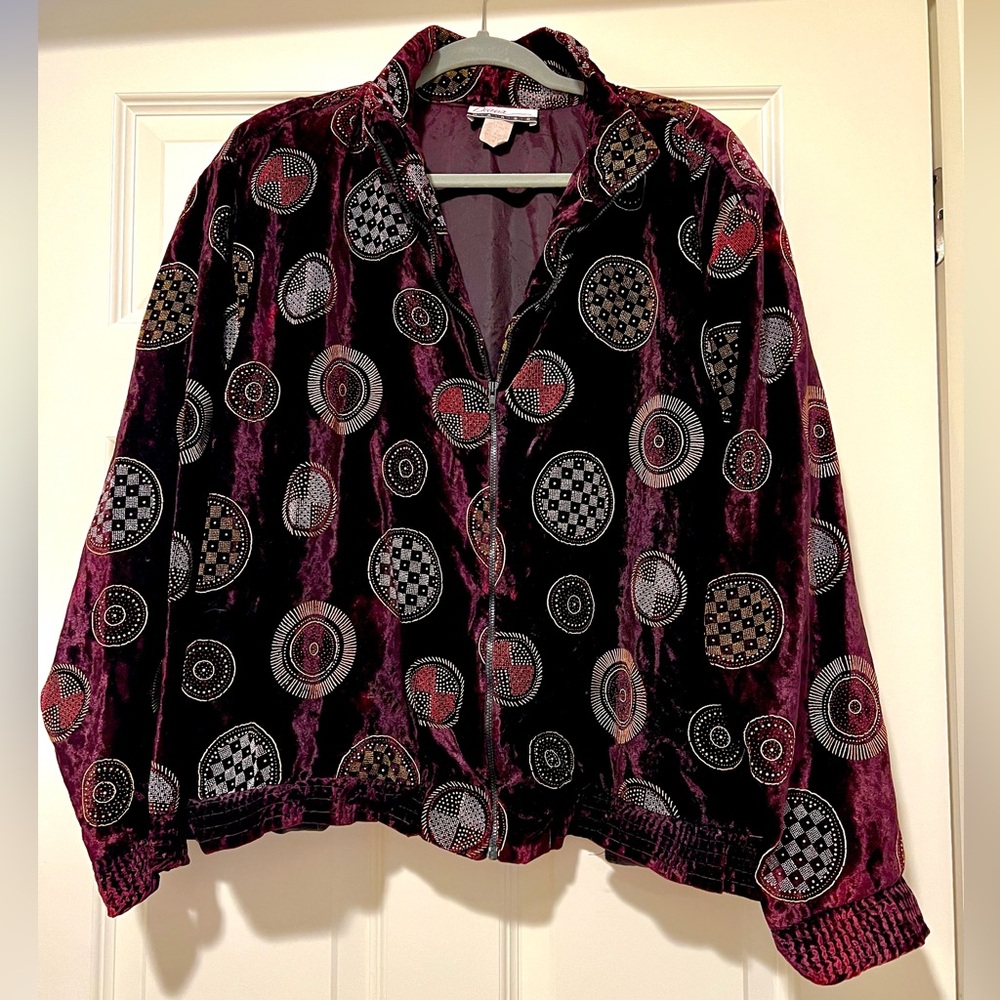Vintage Diana Marco Chic Velvet Bomber Jacket with Geometric Patterns